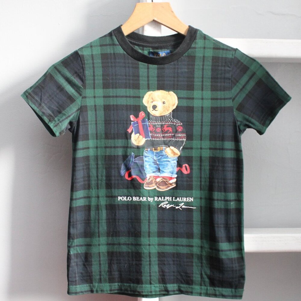 Polo Bear Green Navy Plaid Cotton Jersey Short Sleeve Tee T-Shirt Boys Size 7